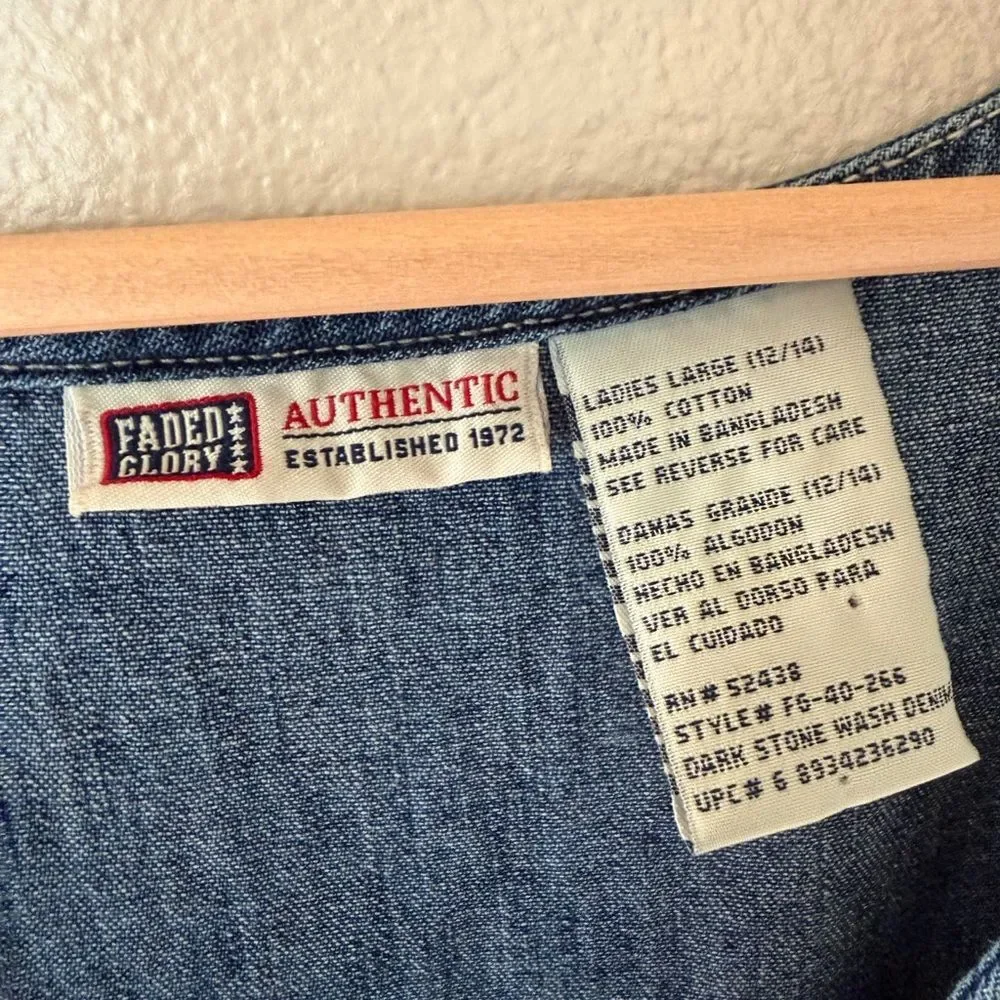 Vintage 90s Y2K Faded Glory 100% Cotton Denim Button Front Tank Dress Size L - Picture 3 of 6